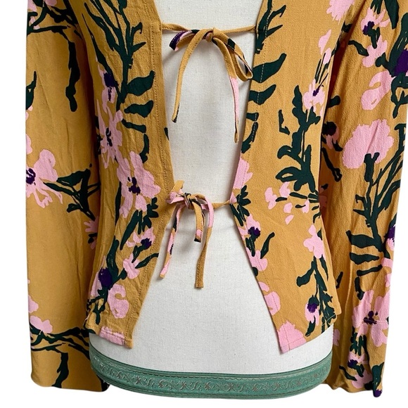 Marimekko Midiam Mustard Yellow Floral Bell Sleeve Open Back Blouse XS - Picture 12 of 16